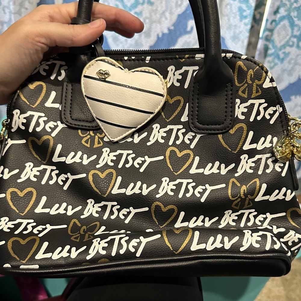 Betsey Johnson Black and Gold Satchel with Heart Accent